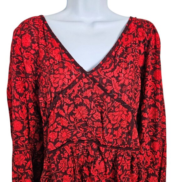 Knox Rose Womens XL Red Floral Peplum Blouse Smocked Waist & Long Sleeves - Picture 6 of 12